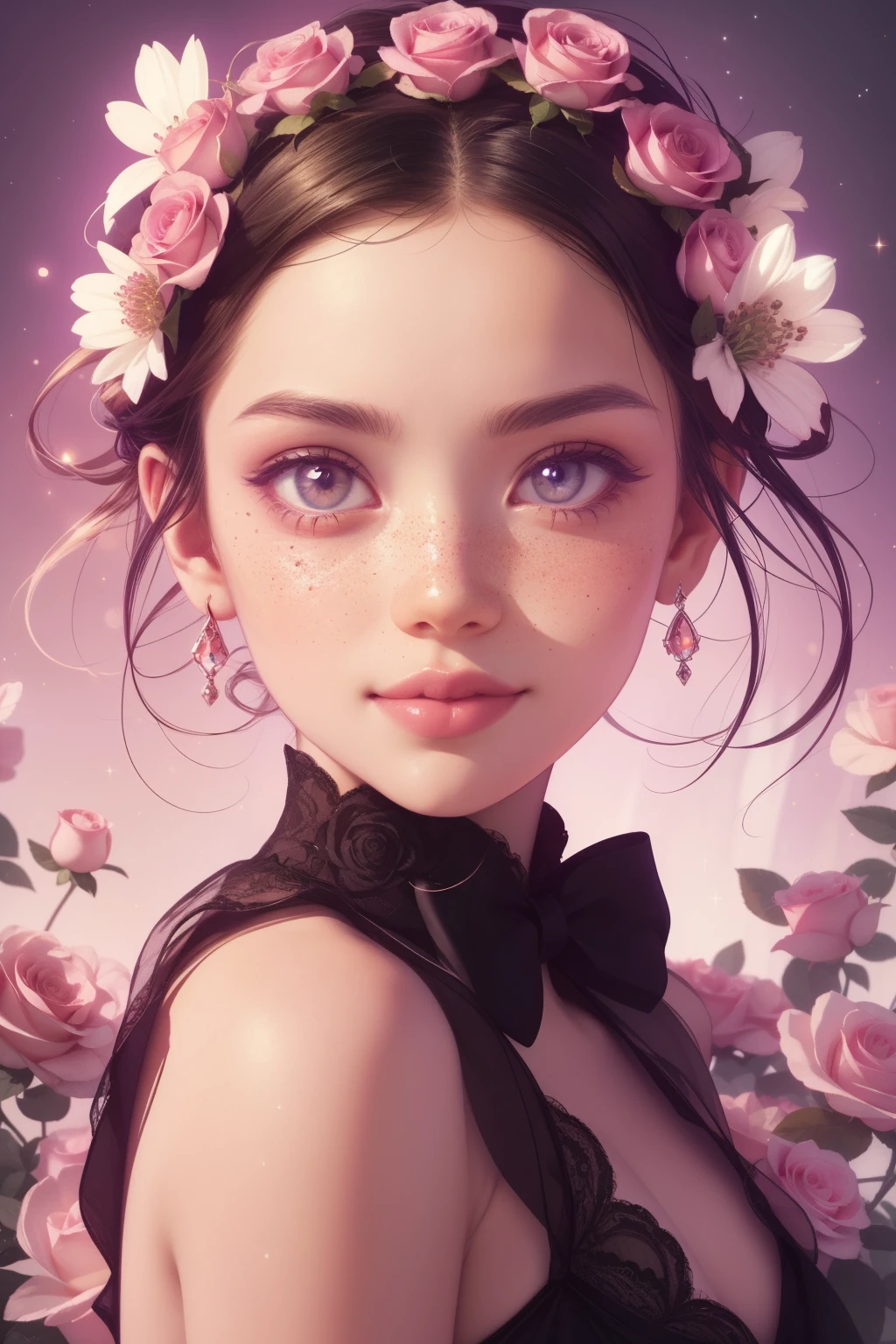 (This is a beautiful, intricate, elegant fantasy image that emphasizes beauty and grace.) Generate a blind curvy woman with milky eyes and soft natural freckles. Her face is important and should be (perfectly formed) with (beautiful puffy lips) and (perfect features). There is a cute freckle birthmark on her lip. The image exudes ethereal beauty and soft fantasy, with shimmering shades of pink throughout. Surround her with eternal roses in shimmering shades. Ensure perfection in her face, hair, and eyes. Include sweet and detailed birds and soft, luminous flowers and detailed roses. Utilize dynamic composition and dramatic lighting and cinematic lighting to create an interesting fantasy image. The background of the image is interesting and ultra-detailed, with soft fantasy lighting and gradients. Include fantasy details, cute aura, colorful, colourful, and interesting magical background. The image's background is decorated in shades of pink, shimmer, glitter, and fantasy details like colored bubbles and cosmos. Include subtle freckles, natural freckles and a diffused realistic skin tone. Incorporate elements of high fantasy, whimsy, and detailed elegance. English rose, princess, courtesan, noblewoman, sweet, lovely, calm, lovely, shimmering, glimmering, glittering, astrological fantasy, (((masterpiece))), (highest quality), magic rose, fantasy garden, beautiful face, perfect face, puffy lips, interesting, shy smile, fantasy elements, magic rose, beautiful eyes, perfect puffy lips, jewel tones, luminosity. Taken with a canon camera.