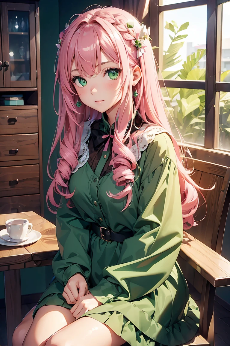 ((1 girl)), Casual Dresses, hair ornaments, Evening Party, Sit on a chair, cute,Cowboy Shot,((Very detailed,highest quality, High resolution, 8k wallpaper, Beautiful clothes,)),((Pink Hair, Long Hair,Straight hair,Both sides up)), (Green Eyes),eye shadow, eyeliner,Glow Eye, Very detailedな目, Complex eyes, Beautiful Eyes, ((輝くGreen Eyes)),18-year-old girl