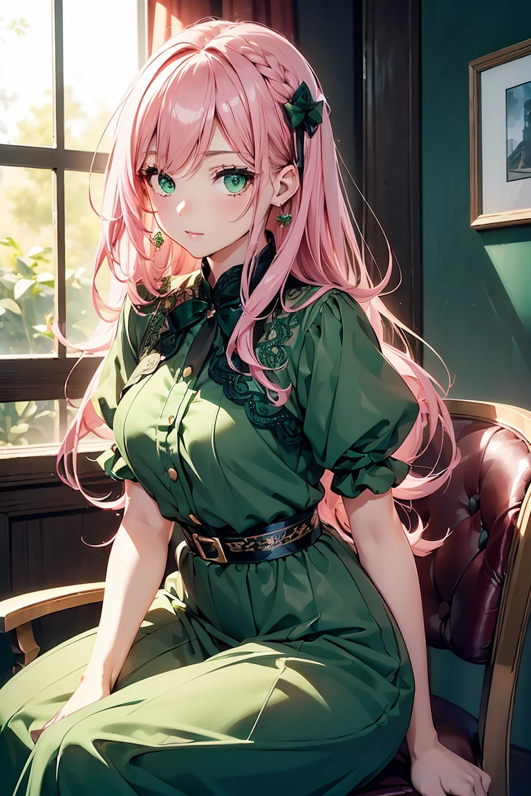 ((1 girl)), Casual Dresses, hair ornaments, Evening Party, Sit on a chair, cute,Cowboy Shot,((Very detailed,highest quality, High resolution, 8k wallpaper, Beautiful clothes,)),((Pink Hair, Long Hair,Straight hair,Both sides up)), (Green Eyes),eye shadow, eyeliner,Glow Eye, Very detailedな目, Complex eyes, Beautiful Eyes, ((輝くGreen Eyes)),18-year-old girl