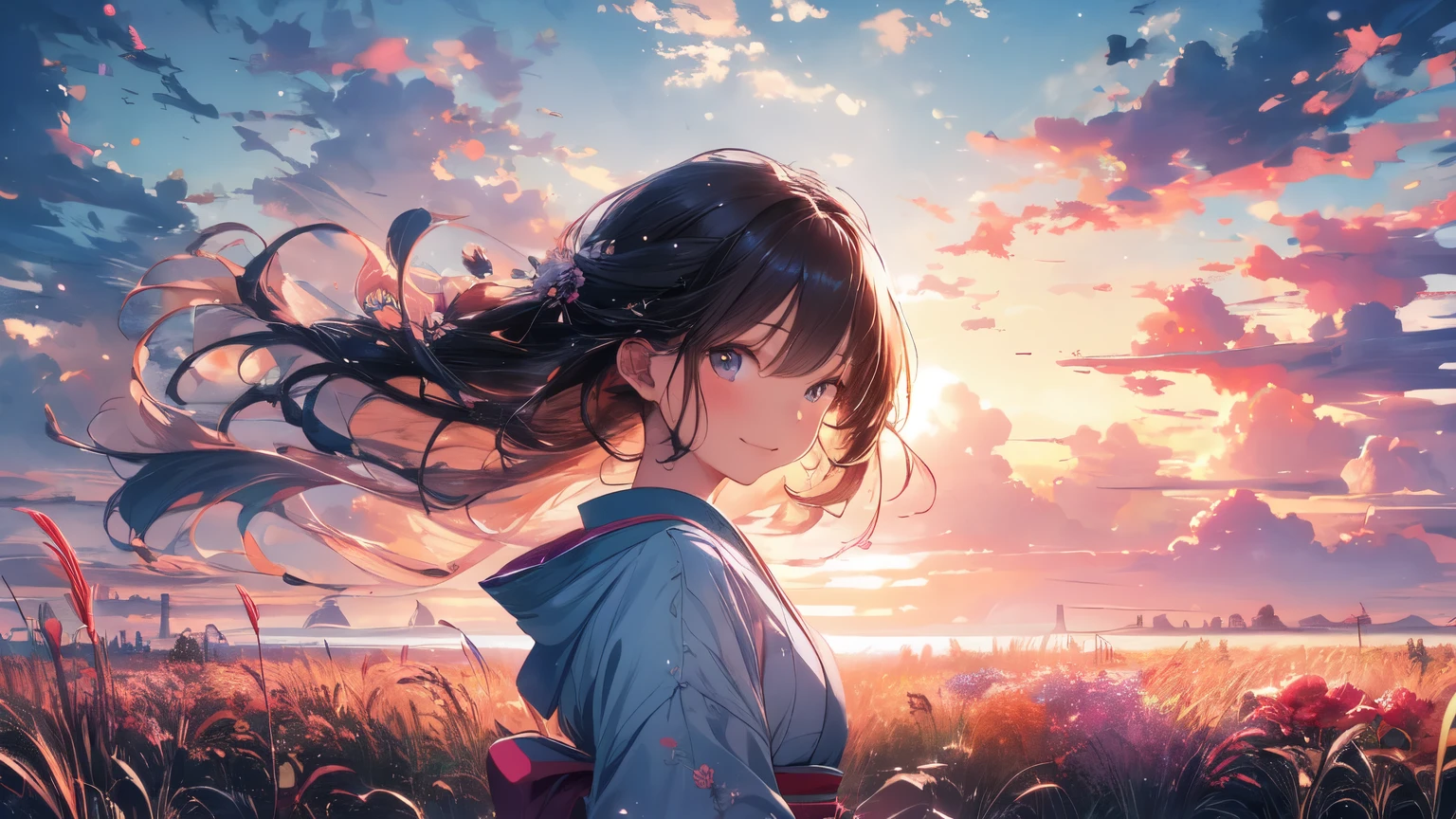 Stunning wide-angle animated image of a young woman gazing out over a vast plain, Wearing a Japanese kimono,Countless grasses and colorful flowers, Dreamy sky, Fluffy Clouds, Bright sunset colors, The breeze blowing through her hair, a bright smile on her face, Elegant flowing dress, Surrounded by a peaceful and enchanting atmosphere, Soft natural light illuminates the scene, Creates a magical and surreal atmosphere. (highest quality, Super detailed, Realistic:1.37), Anime Style, Pastel Color Palette, Fantastic lighting