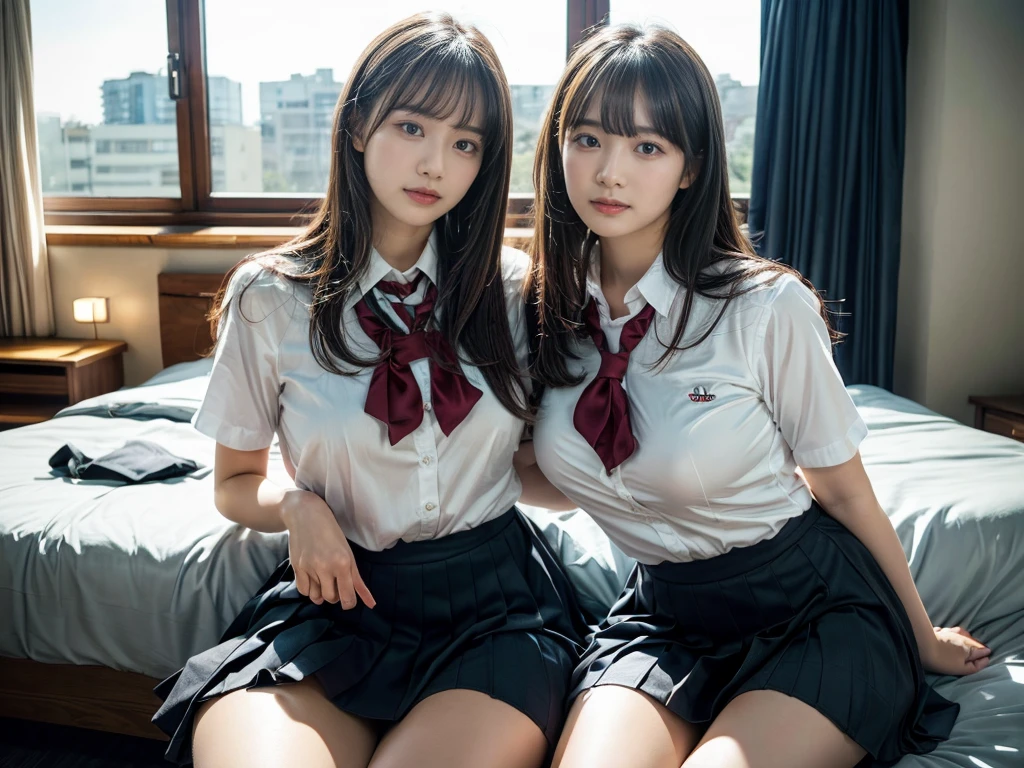 (RAW photo, 4k, masterpiece, high resolution, extremely complex) (realistic: 1.4), cinematic lighting
((2 girls, 2 schoolgirls)),Slam Dunk's,blushing,((innocent)),bright eyes,round eyes,blunt bangs,(straight hair:1.3),black hair,large breasts,wide hips,Summer Noon, ,Hot, (Best Quality), (Highres), (an Extremely Delicate and Beautiful),(Beautiful 8k face),(Brown eyes),short bob hair,( spectators),(gigantic breasts),(Play with each other,Touching each other's bodies,Touching the body),(Japanese high school uniform:1.3),blue skirt,(reality),bright lighting,(The background is a luxury hotel room)