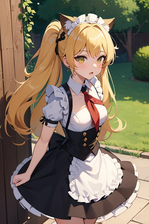 Animation character of a maid, Anime Maid SS Military, girls frontline style, Anime cat girl in maid costume, Azur Lane Style, Anime girl wearing a maid costume, Kantai Collection Style, Rollish, fine details. girls frontline, maid outfit, From the Azur Lane video game, Marisa Kirisame, dead,yellow hair,cat ear,green eye,small breasts,kid,red neckerchief,shot,drop,bare hands