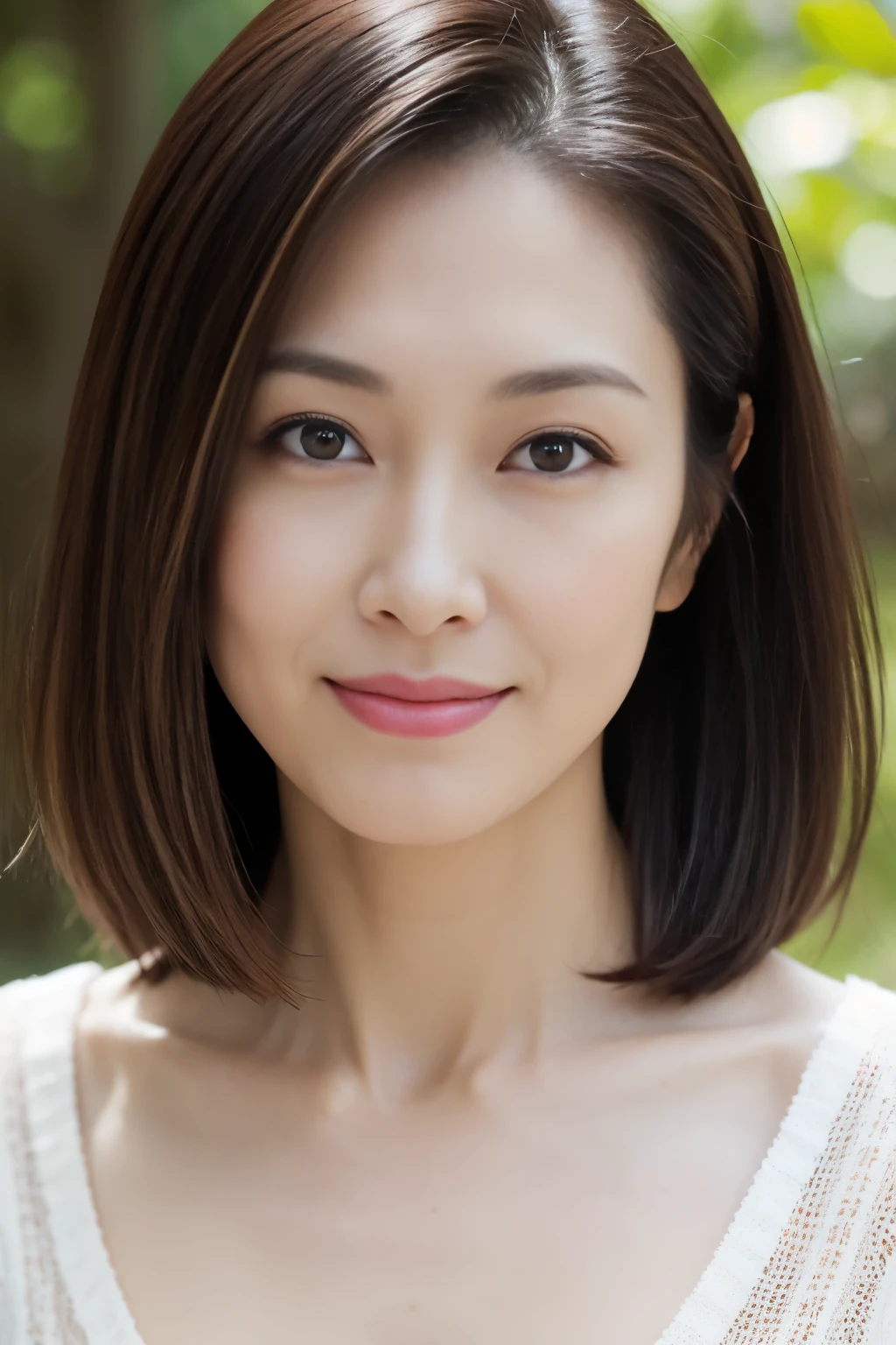 Dark brown hair, Light brown eyes, Japanese women, 40 years old, Intricate details, Upper body photo, (Detailed eyes), (Detailed facial features), highest quality, Ultra-high resolution, 8K resolution, Depth of written boundary, at the park, Medium sized breasts, Cleavage, Wearing a light blouse, (short hair), (View your viewers), (Standing in a sexy pose)