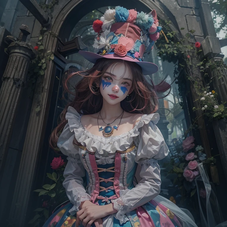 Standing in the grave、Hair flow、 ((highest quality、masterpiece、8k、Best image quality、Ultra-high resolution、Award-winning works)、(Accurate anatomy:1.1)、(Look at me and smile:1.1)、Shining fair skin with Ultra-high resolution、The most detailed face、Ultra-high resolution detailed face、Ultra-high resolutionの髪の毛、(Ultra-high resolution eye:1.1)、Beautiful face drawn in every detail、Cheerful clown costume, Chest to chest, Strange atmosphere, Ghosts flow, Dark Light, At the Cemetery