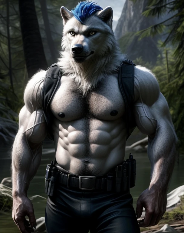 anthro, white wolf, blue hair, solo, male, adult, veiny muscles, very muscles, buffed body, beefy body, dark black pants, terrorist, bad guy, criminal serious look, furred body, furry chest hair, detailed background, wilderness background, clear weather, realistic, photorealistic, ultra realistic, 8k, bare-chested, black nipples, black eyes, tight crotch, shirtless, utility belt, 