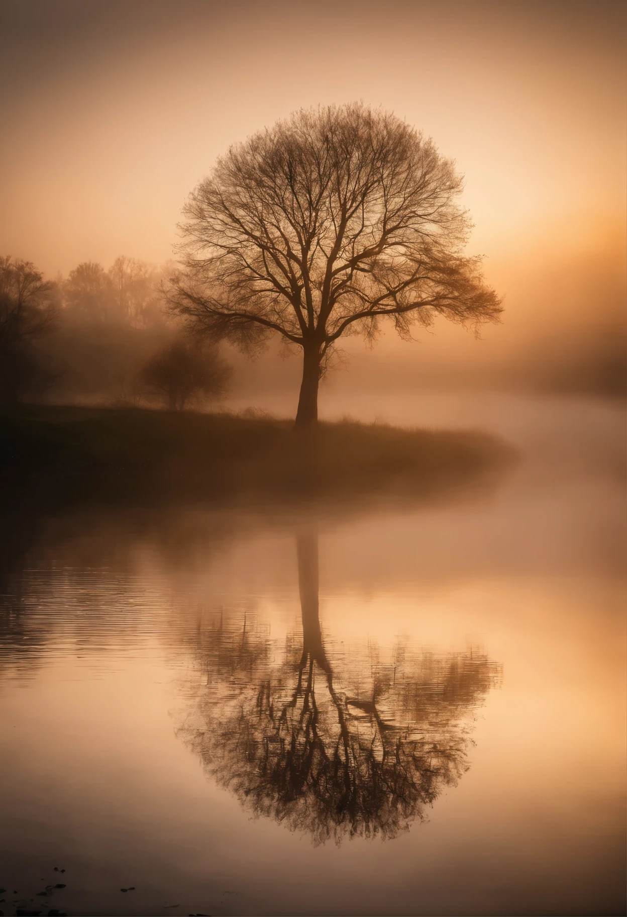 At sunset, a lone tree stands on the bank of a river in the middle of the picture, fog, fog, simplicity, no prospect, reality, perfect composition, master photography, ultra-high resolution, DSLR picture quality