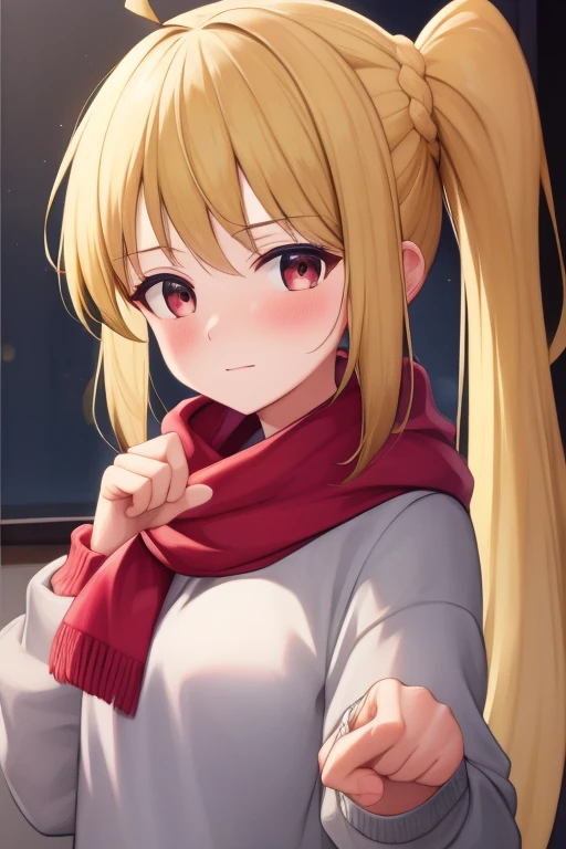 (masterpiece, highest quality:1.2), Blonde girl with red eyes,
Side Ponytail, Full Bang,cardigan, Fist bump
,Embarrassed face, at home,
Super detaileded, highest quality, Expressive eyes, Perfect Face, super high quality, Super detailed