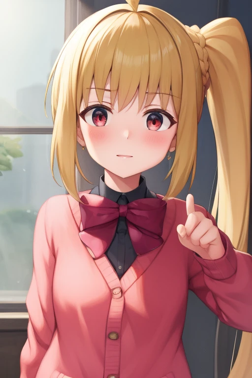 (masterpiece, highest quality:1.2), Blonde girl with red eyes,
 Side Ponytail, Full Bang,cardigan,	Fist bump
,Embarrassed face, at home, 
Super detaileded, highest quality, Expressive eyes, Perfect Face, super high quality, Super detailed