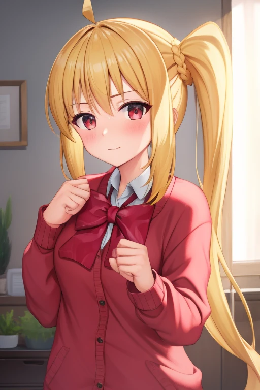(masterpiece, highest quality:1.2), Blonde girl with red eyes,
Side Ponytail, Full Bang,cardigan, Fist bump
,Embarrassed face, at home,
Super detaileded, highest quality, Expressive eyes, Perfect Face, super high quality, Super detailed