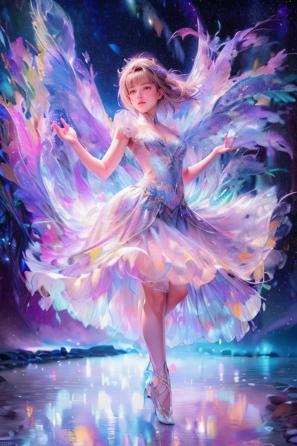 raw photo:1.2, masterpiece, highest quality, 16k, unbelievably absurd, very detailed, perfect beauty, (double exposure vibrant colors silhouette:1.3), (layered vibrant colors silhouette:1.2), (water world photo scenery), diamond dust, starry sky with aurora, flowing sheer dress, flowy long hair, (lake:1.2), (realistic photo scenery), (starlight), (ballerina girl dancing,romantic tutu), 