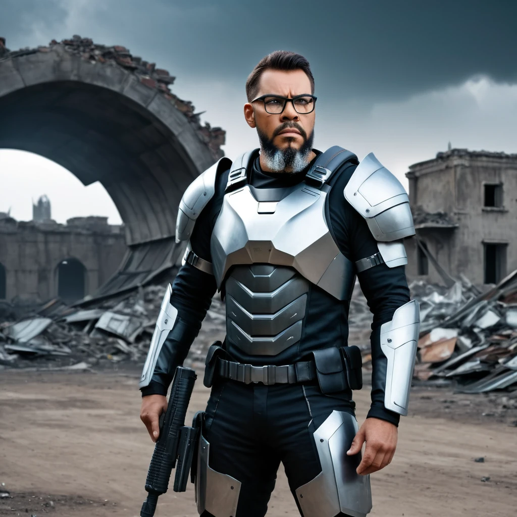 A hyper-realistic, professional photograph of a man with glasses and a beard, featuring natural eyes. He is wearing futuristic metal body armor and holding a futuristic weapon. He is standing face to face with his clone, who is an exact duplicate but without glasses or a beard. The clone is wearing torn and dirty clothes. The setting is a post-apocalyptic landscape with ruins of buildings and abandoned cars. The sky is black with dark clouds and occasional lightning. A mist of dust fills the scene, creating a sense of desolation. The background is heavily blurred, with a somber and heavy lighting atmosphere. The image is captured in UHD, 8K resolution, emphasizing the intricate details of both men's features, the futuristic armor, and the contrasting states of their clothing.,gutto2024abr