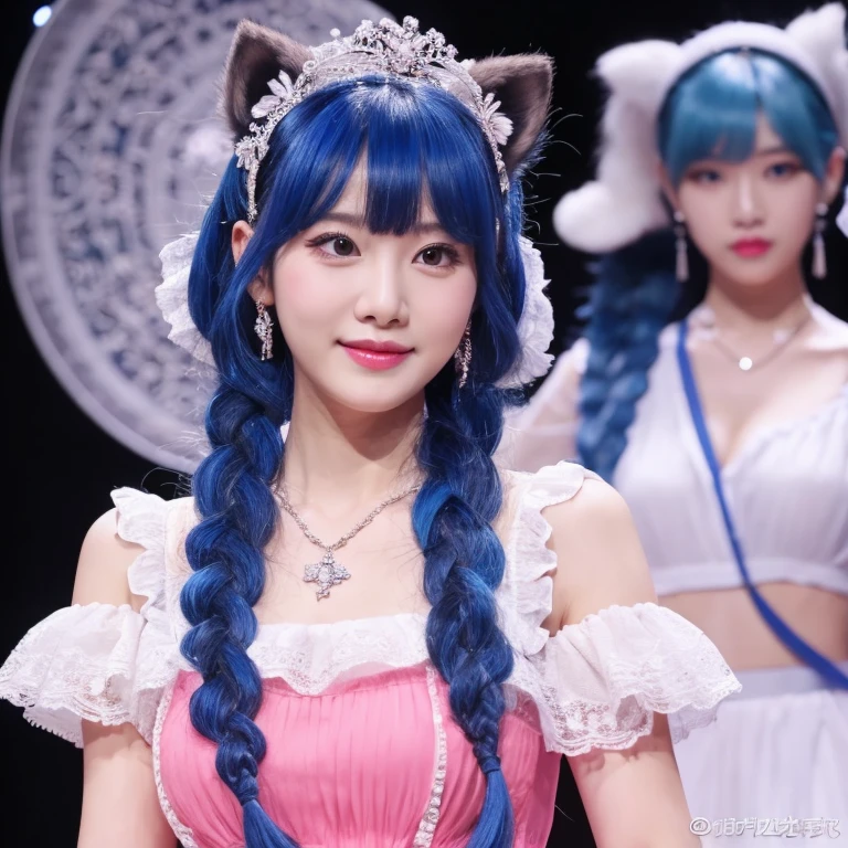 masterpiece, best quality, high resolution, (White background: 1.4), [flash], Looking at the audience, 1 sweet chinese girl], (long hair, Blue Hair, Wavy curls, Colorful twisted braids: 1.3, Furry fox ears, Air bangs), White off-shoulder short sleeves, Exquisite facial features, Pink lips, earrings, necklace，Sexy dress up，Sexy maid costume，Mid-chest，，