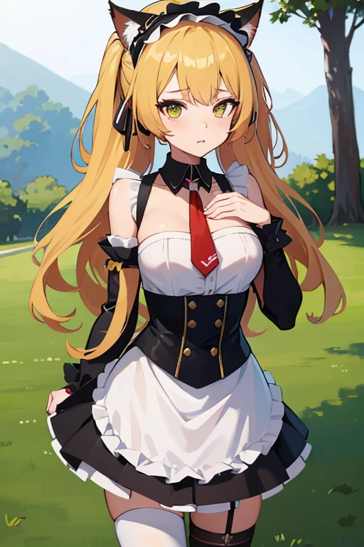 Animation character of a maid, Anime Maid SS Military, girls frontline style, Anime cat girl in maid costume, Azur Lane Style, Anime girl wearing a maid costume, Kantai Collection Style, Rollish, fine details. girls frontline, maid outfit, From the Azur Lane video game, Marisa Kirisame, dead,yellow hair,cat ear,green eye,small breasts,,red neckerchief,short hair,drop,bare hands