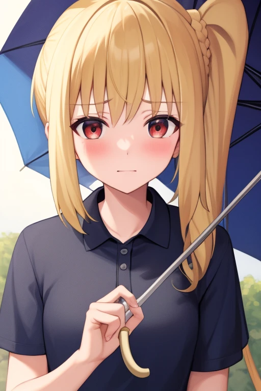 (masterpiece, highest quality:1.2), Blonde girl with red eyes,
 Side Ponytail, Full Bang,polo shirt,holding an umbrella
,Embarrassed face, at home, 
Super detaileded, highest quality, Expressive eyes, Perfect Face, super high quality, Super detailed
