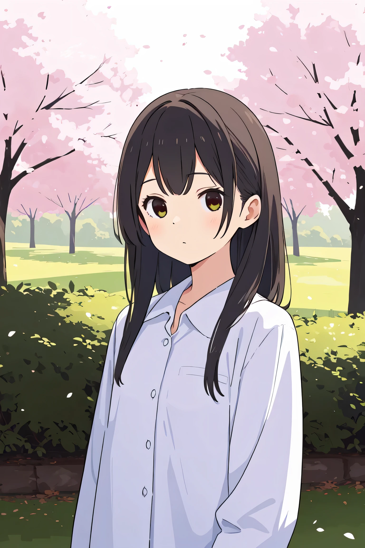 A girl in an open white shirt with a cherry pattern under a cherry tree
