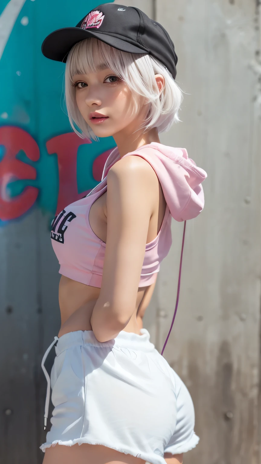 masterpiece, highest quality, Very detailed, 8k, Realistic, One Girl, alone, Tomboy, Very detailed face, (head shot:1.5), Standing in front of a wall covered in hip hop graffiti, Pixie cut white hair, She is wearing a short tank top and an unzipped neon pink hoodie.。.,I can see your chest,Nice ass,Wear a New Era cap