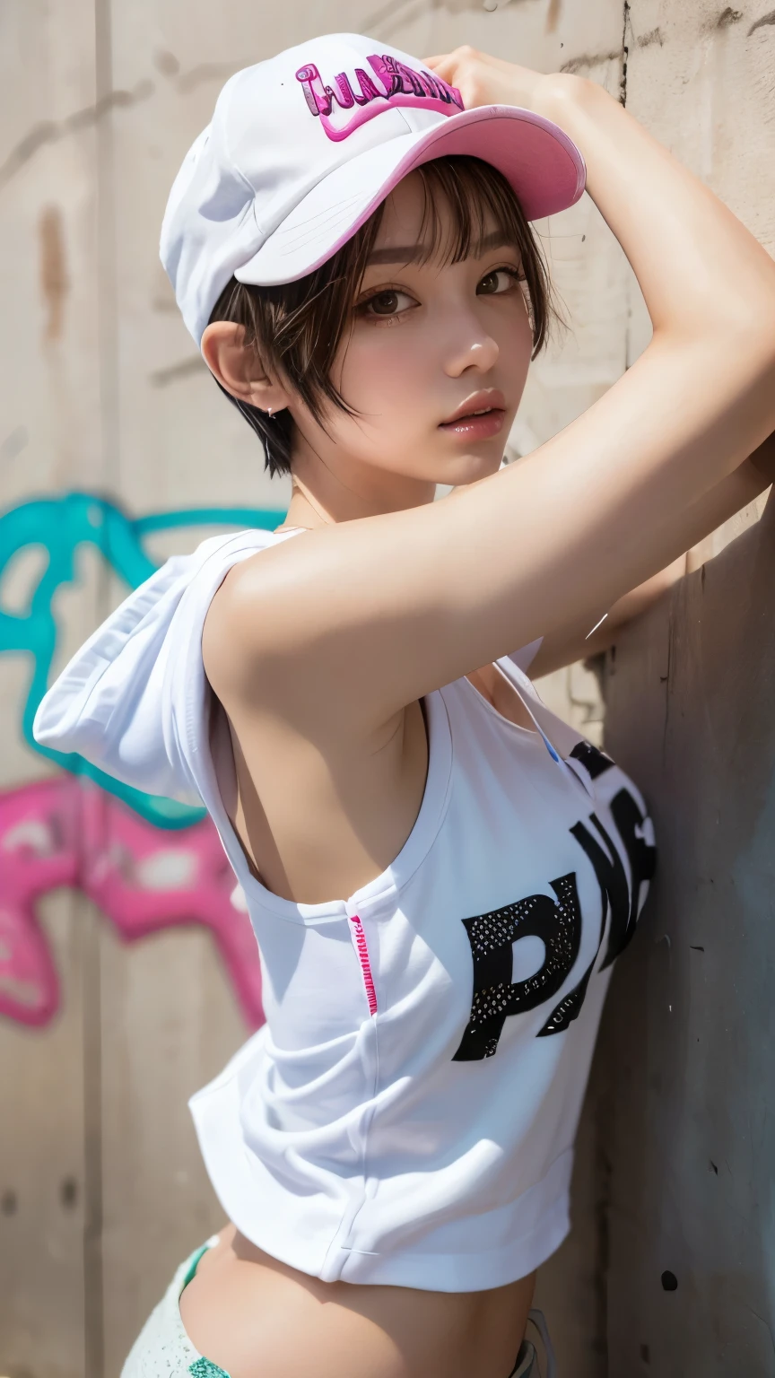 masterpiece, highest quality, Very detailed, 8k, Realistic, One Girl, alone, Tomboy, Very detailed face, (head shot:1.5), Standing in front of a wall covered in hip hop graffiti, Pixie cut white hair, She is wearing a short tank top and an unzipped neon pink hoodie.。.,I can see your chest,Nice ass,Wear a New Era cap