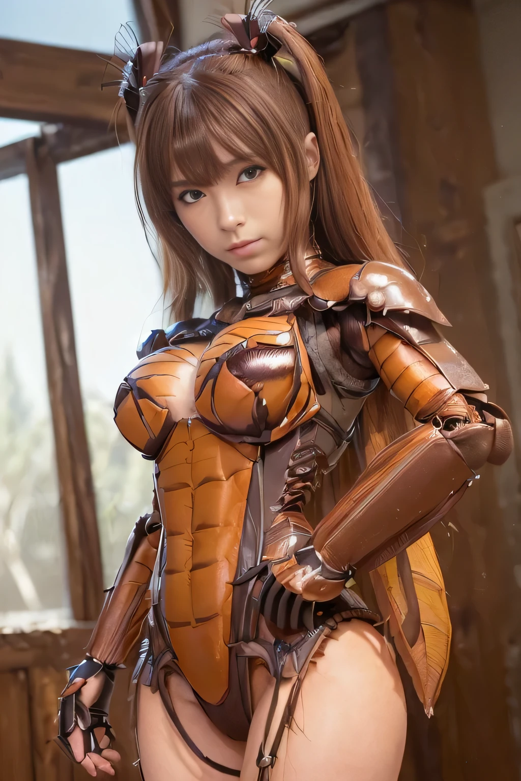 (high resolution,masterpiece,best quality,extremely detailed CG, anime, official art:1.4), realistic, photo, amazing fine details, all intricate, gloss and shiny,awesome many layers, 8k wall paper, 3d, sketch, kawaii, illustration,( solo:1.4), perfect female proportion,villainess, (fusion of dark brown cockroach and lady:1.4), (brown cockroach form lady:1.2), (brown cockroach lady:1.2), (fusion:1.2), (solo:1.4), (evil smile:1.2), muscular, abs, (cockroach brown exoskeleton bio insect suit:1.4), (cockroach brown exoskeleton bio insect armor:1.2), (brown transparency cockroach wing:1.4), (brown cockroach antennae:1.3),