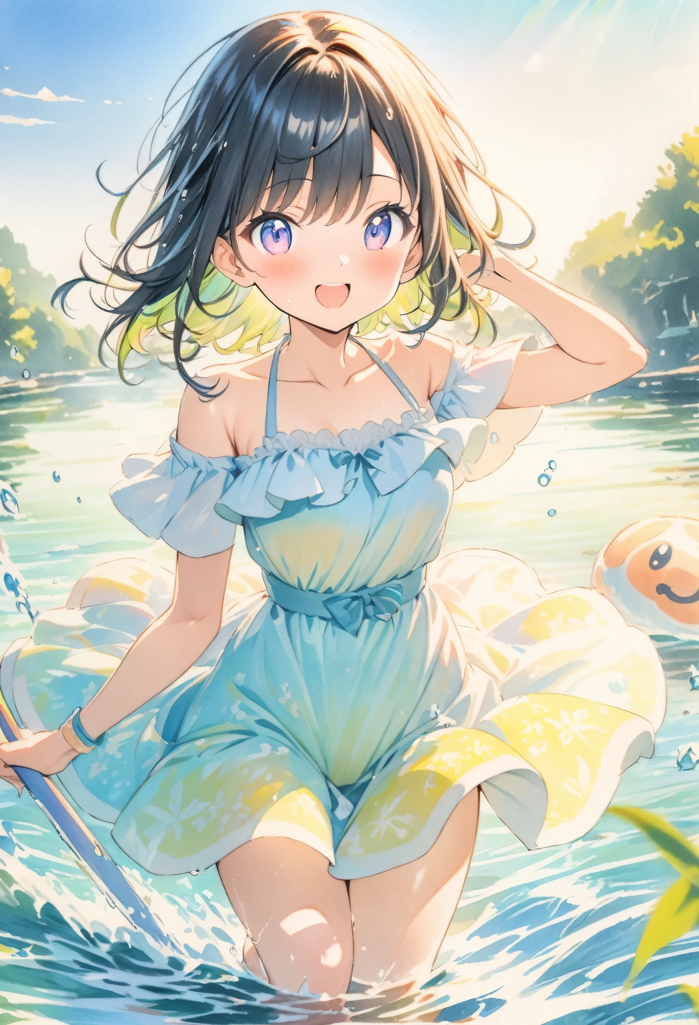 (masterpiece:1.2),(anime),Riverside、Water Play、girl、cute、sunlight、summer,(style:Colored pencil、watercolor)