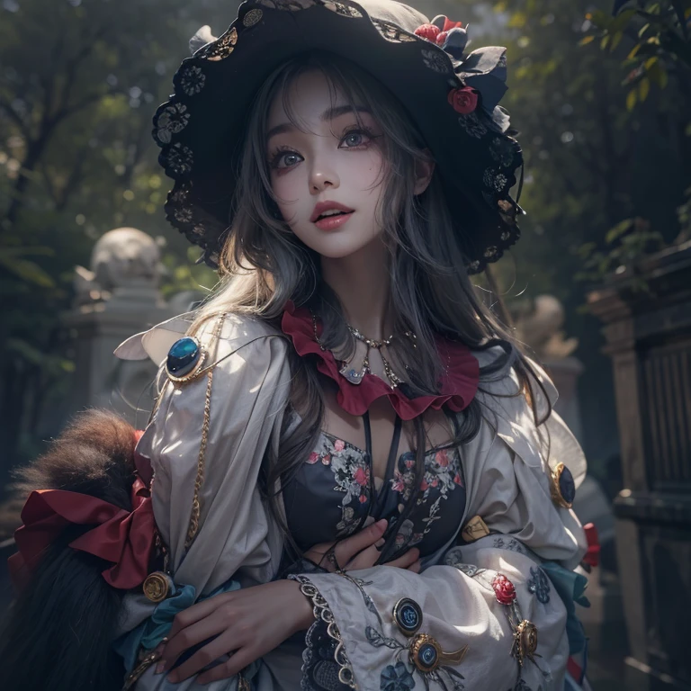 Standing in the grave、Hair flow、 ((highest quality、masterpiece、8k、Best image quality、Ultra-high resolution、Award-winning works)、(Accurate anatomy:1.1)、(Look at me and smile:1.1)、Shining fair skin with Ultra-high resolution、The most detailed face、Ultra-high resolution detailed face、Ultra-high resolutionの髪の毛、(Ultra-high resolution eye:1.1)、Beautiful face drawn in every detail、Cheerful clown costume, Chest to chest, Strange atmosphere, Ghosts flow, Dark Light, At the Cemetery, Heavy makeup