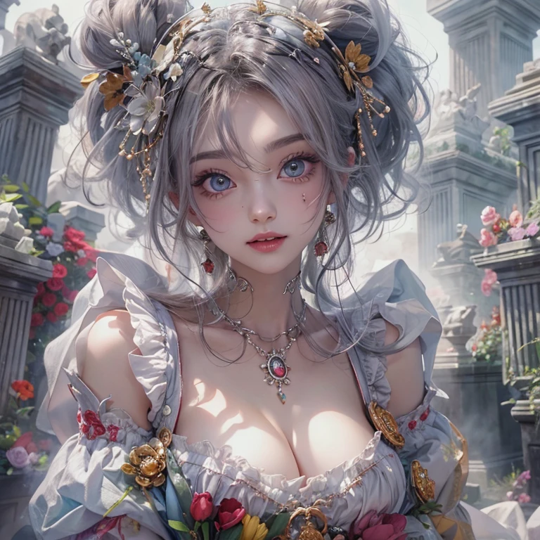 Standing in the grave、Hair flow、 ((highest quality、masterpiece、8k、Best image quality、Ultra-high resolution、Award-winning works)、(Accurate anatomy:1.1)、(Look at me and smile:1.1)、Shining fair skin with Ultra-high resolution、The most detailed face、Ultra-high resolution detailed face、Ultra-high resolutionの髪の毛、(Ultra-high resolution eye:1.1)、Beautiful face drawn in every detail、Cheerful clown costume, Chest to chest, Strange atmosphere, Ghosts flow, Dark Light, At the Cemetery, Heavy makeup