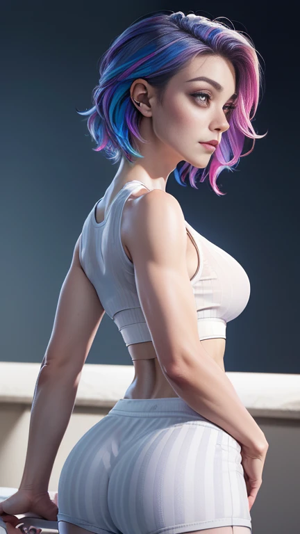 photo of celebrity, RAW, beautiful woman, ((portrait)), ((detailed face, colorful rainbow hair:1.2)), ((detailed facial feature, detailed skin, clear skin, parted lips), (perfect proportioned athletic body, large breasts, side boob), (shredded abs),(prominent bicep veins),(wearing a tight ((white)) crop top, blue booty shorts wearing stripes: 1.5)), (heavily muscled legs), (high detailed apartment balcony in the ciy: 1.3), (side profile, realistic photo, best quality, detailed), (8k wallpaper), (cinematic lighting, dramatic lighting) (sharp focus, intricate)