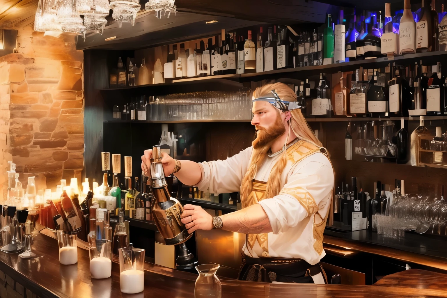 viking beard, viking horn, viking man drink at a bar with a lot of bottles, bartending,, stunning visual, mixing drinks, artem, 2506921471, 2806927615, slightly smooth, warm and joyful atmosphere, 278122496