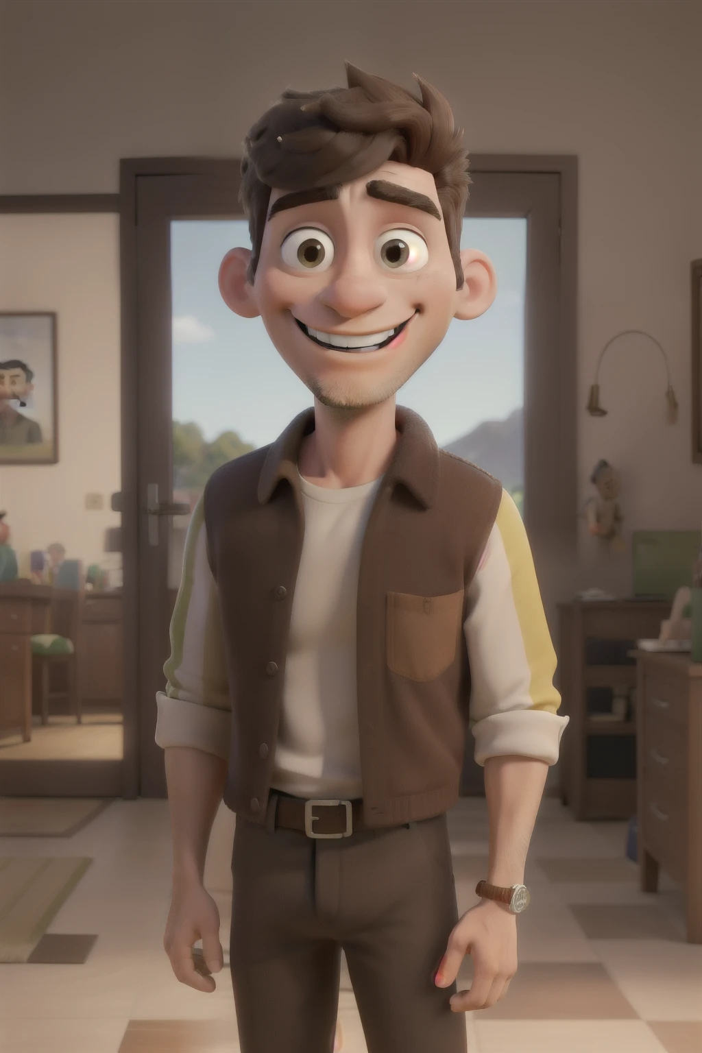 Crie um cartoon de um homem adulto pardo, magro, alto, de cabelos curtos ondulados, quase encaracolados, castanhos escuros quase pretos, with light brown eyes and a smile being welcomed by Our Lady of Fátima. Cores claras, alegres