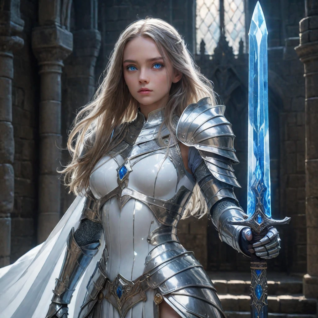 amazing quality,masterpiece,best quality,hyper detailed,ultra detailed,UHD,perfect anatomy,perfect body,(in castle:1.2),beautiful girl knight in white cape armor and detailed blue glowing eyes holding oversized blue crystal greatsword with thick edge,dazzling,transparent,polishing,aura,various hair style,very long hair,extremely detailed,thin,various positions,