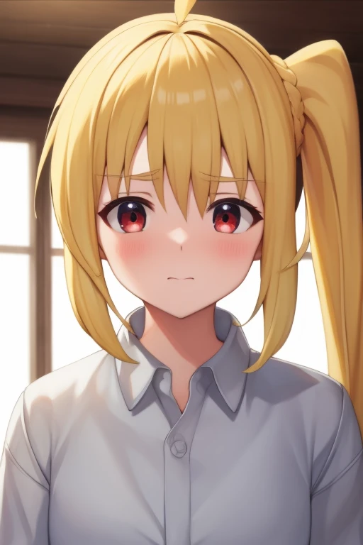 (masterpiece, highest quality:1.2), Blonde girl with red eyes,
 Side Ponytail, Full Bang,,	double piece
,Embarrassed face, at home, 
Super detaileded, highest quality, Expressive eyes, Perfect Face, super high quality, Super detailed