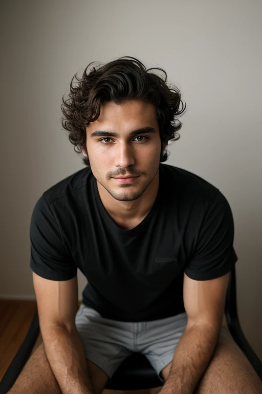 ((1 guy)) dark hairy guy wearing a black shirt, manly (sitting on a chair), very detailed, 18 years old, natural wave hair, brown eyes, ((short facial hair)), high resolution, Artwork, best quality, intricate details, highly detailed, sharp focus, detailed skin, realistic skin texture, texture, detailed eyes, Professional, 4k, shot on Canon, 85mm, Shallow depth of field, kodak vision color, body in perfect shape, extremely detailed, photo_\(ultra\), photorealistic, realistic, post-processing, maximum detail, roughness, real life, ultra realistic, photorealism, photography, 8k hd, photography (film grain) shot atmospheric dark lighting average