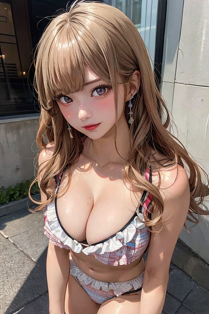 (((((20-years-old, bitch gyaru))))), masterpiece, (((frilly bikini))), (allfours), (big breasts), (big hips), (sexy pose), (very tanned and shiny skin), (((skin dents))), photorealistic, realistic, alone, photorealistic, highest quality, ultra high resolution, Yura S, outdoor, colorful, parted lips, Daytime setting, beautiful, masterpiece, highest quality, highly detailed face, perfect lighting, ultra high resolution, super detailed