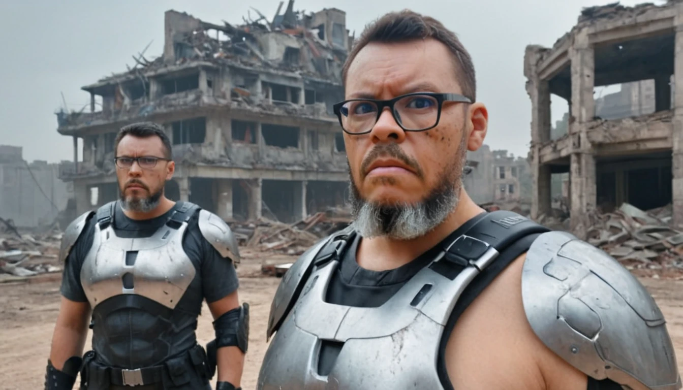 A hyper-realistic, professional photograph of a man with glasses and a beard, featuring natural eyes. He is wearing futuristic metal body armor and holding a futuristic weapon. He is standing face to face with his clone, who is an exact duplicate but without glasses or a beard. The clone is wearing torn and dirty clothes. The setting is a post-apocalyptic landscape with ruins of buildings and abandoned cars. The sky is black with dark clouds and occasional lightning. A mist of dust fills the scene, creating a sense of desolation. The background is heavily blurred, with a somber and heavy lighting atmosphere. The image is captured in UHD, 8K resolution, emphasizing the intricate details of both men's features, the futuristic armor, and the contrasting states of their clothing.,gutto2024abr