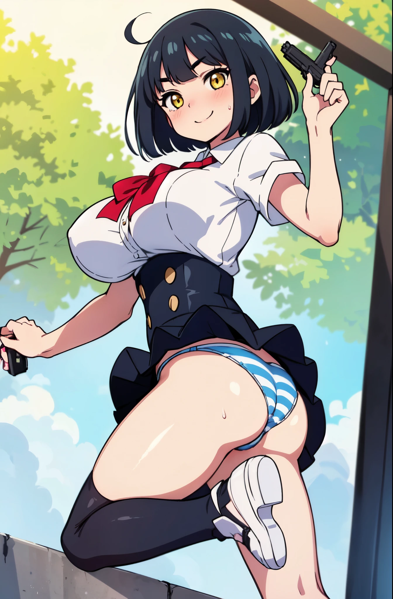 ((Table t○p, highest quality, Hi-Res Lucifer,Anime Screen Capture、Pixel perfect, 8k)))、nsfw、Perfect Anatomy、(((Huge breasts、Wide Hips、Wide ass)))、(((Bobcut、Blunt Bangs)))、(((Kicking、Jumping、Skirt flipped up by the wind、White Shirt、Black Mini Skirt、Blue striped panties、Skirt flipped up by the wind、Cyber Suit、Has a handgun)))、Sweat, vapor,(Yellow Eyes)、((Black Hair)), V-shaped eyebrows、 ((((smile、blush))))、(In town)