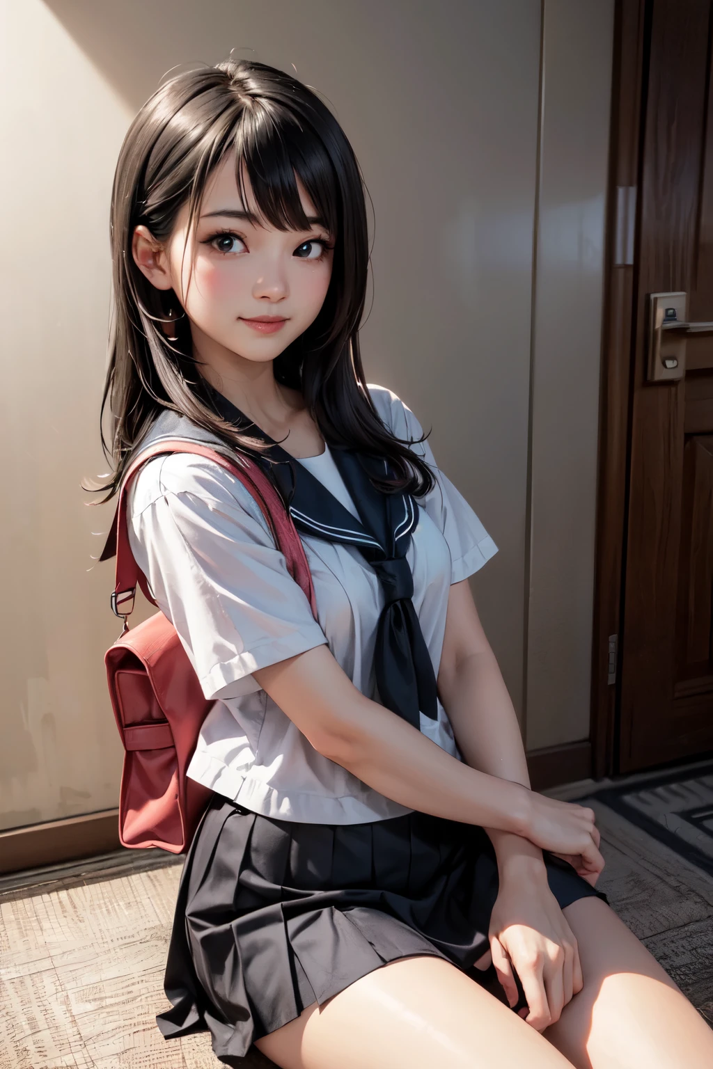 very cute and beautiful girl,(highly detailed beautiful face), (smile:1.2),blush,looking at viewer,serafuku,short sleeve,pleated navy blue mini skirt, black hair,sitting on sofa near elevator hall of small hostel,bag lied on floor, (best quality,masterpiece),absurdres,highres,ultra-detailed,extremely detailed,32k,8k resolution, intricate details,cinematic scene,detailed background,solo,dynamic angle,