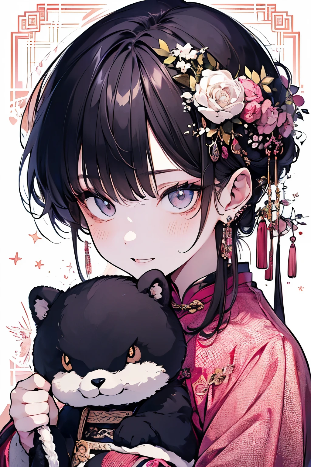 (little boy:1.45)、(masterpiece、highest quality、highest quality、Beautiful and beautiful:1.2)、(Good anatomy:1.5)、((he is holding a stuffed rabbit with great care:1.2))、(Hanfu costume:1.35)、Her cheeks are flushed and she smiles happily.、Close-up of face、Large earrings、(Polka dot pattern background:1.3)