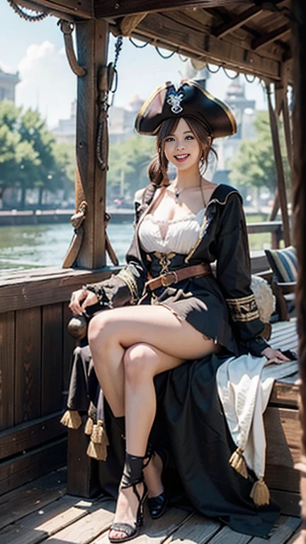 masterpiece, highest quality, Realistic, Very detailed, Finer details, High resolution, 8k wallpaper, One beautiful woman, female pirate cosplay costume,The pirate ship Black Pearl during the day, pirate hat,He has a sword at his waist,Light brown ponytail hair, Perfect dynamic composition,(Throw a kiss), Beautiful and beautiful eyes,,Smile and laugh,Full Body Shot:1.3,Ample breasts,Smile and laugh,Smiling and showing white teeth,