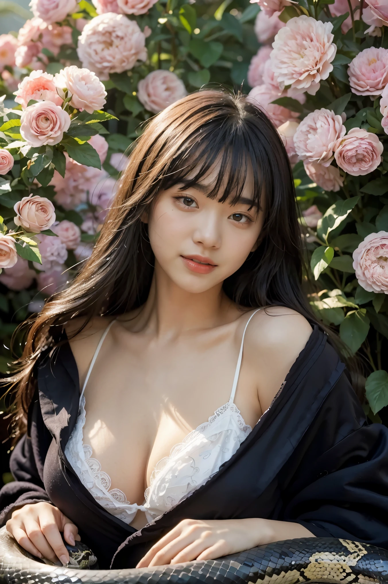 (Top image quality)，2023 Animation，Top animation quality，High-definition animation details，Detailed wallpaper，(masterpiece)，(medium view), solo，A woman is (lamia)，Pretty face，Fine black long hair，neat bangs，realistic face，close eyes，light smil，(Wearing only a loose bathrobe:1.2)，[big breast]，[Black snake tail，snake tail very smooth]，looking at viewer，Flowers background，(Lying in the embrace of the snake&#39;s tail:1.3)，(lots of fog:1.5)，(sexy feeling:1.3)