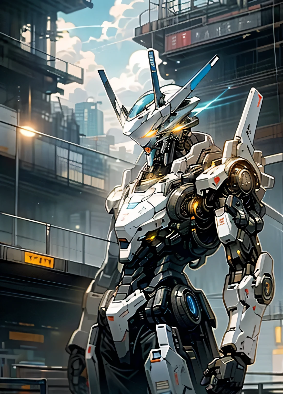 sky sky,Cloud,Keep_arms,No_human nature,Luminescence,,Droid,buliding,Luminescence_Eye,Mecha,novel,Skyscraper,Realist,Luminescence weapons,Confrontational posture,Cyberpunk character I'm pregnant wearing long pink hair and underwear,There is also Pikachu and a