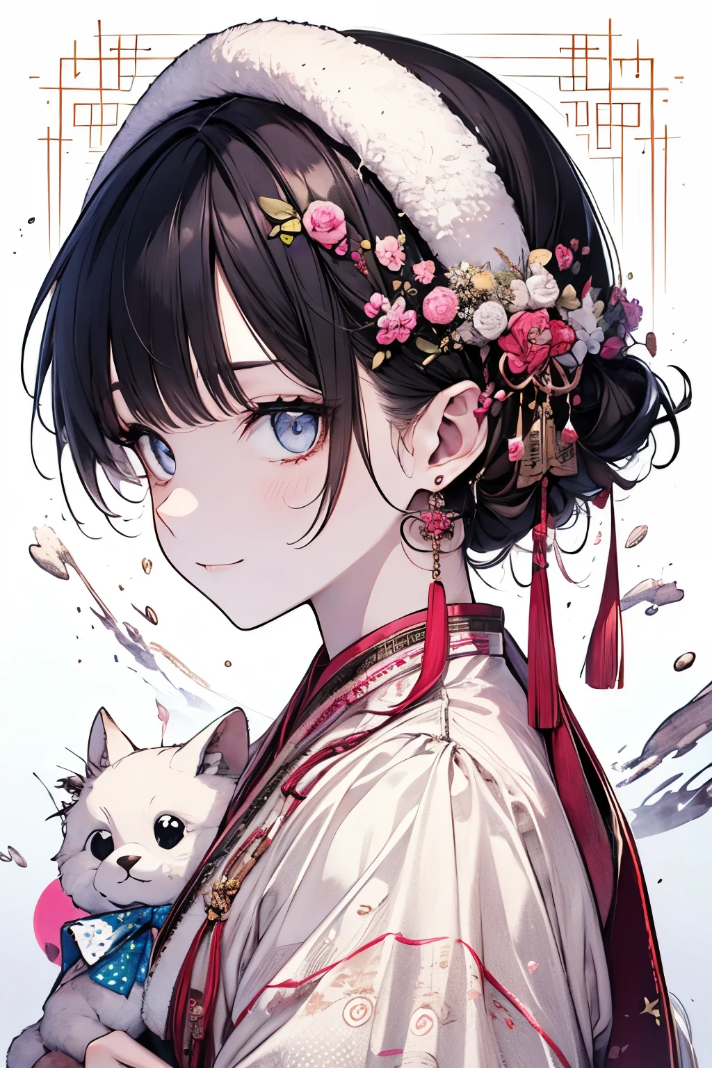 (little boy:1.45)、(masterpiece、highest quality、highest quality、Beautiful and beautiful:1.2)、(Good anatomy:1.5)、((he is holding a stuffed rabbit with great care:1.2))、(Hanfu costume:1.35)、Her cheeks are flushed and she smiles happily.、Close-up of face、Large earrings、(Polka dot pattern background:1.3)