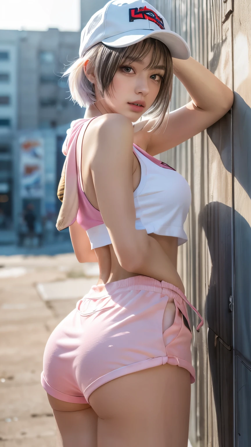 masterpiece, highest quality, Very detailed, 8k, Realistic, One Girl, alone, Tomboy, Very detailed face, (head shot:1.5), Standing in front of a wall covered in hip hop graffiti, Pixie cut white hair, She is wearing a short tank top and an unzipped neon pink hoodie.。.,I can see your chest,Nice ass,Wear a New Era cap