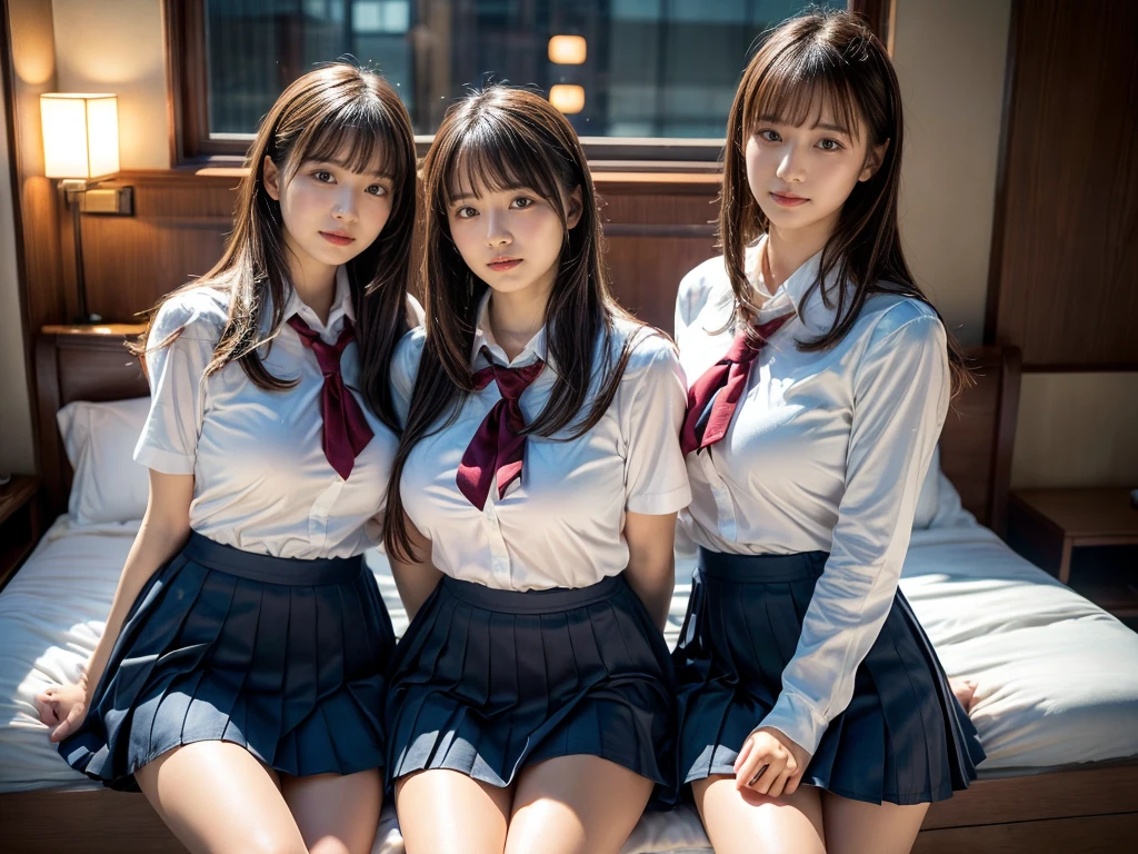 (RAW photo, 4k, masterpiece, high resolution, extremely complex) (realistic: 1.4), cinematic lighting
((2 girls, 2 schoolgirls)),Slam Dunk's,blushing,((innocent)),bright eyes,round eyes,blunt bangs,(straight hair:1.3),black hair,large breasts,wide hips,Summer Noon, ,Hot, (Best Quality), (Highres), (an Extremely Delicate and Beautiful),(Beautiful 8k face),(Brown eyes),short bob hair,( spectators),(gigantic breasts),(Play with each other,Touching each other's bodies,Touching the body),(Japanese high school uniform:1.3),blue skirt,(reality),bright lighting,(The background is a luxury hotel room)