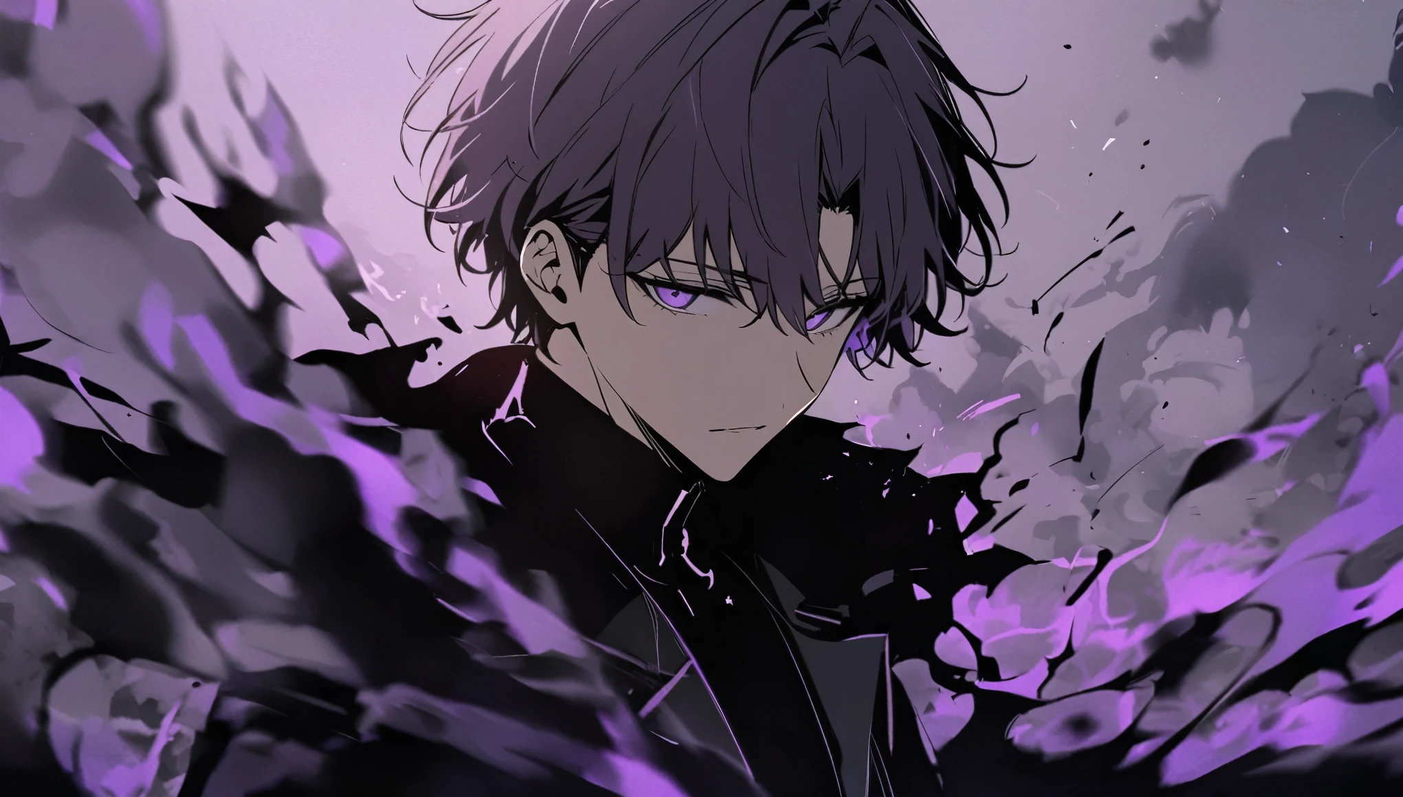 good looking, alone, male, short hair,, Dark lavender hair, Purple eyes, Black Shirt, Black Pants, Black Coat, Purple Flame