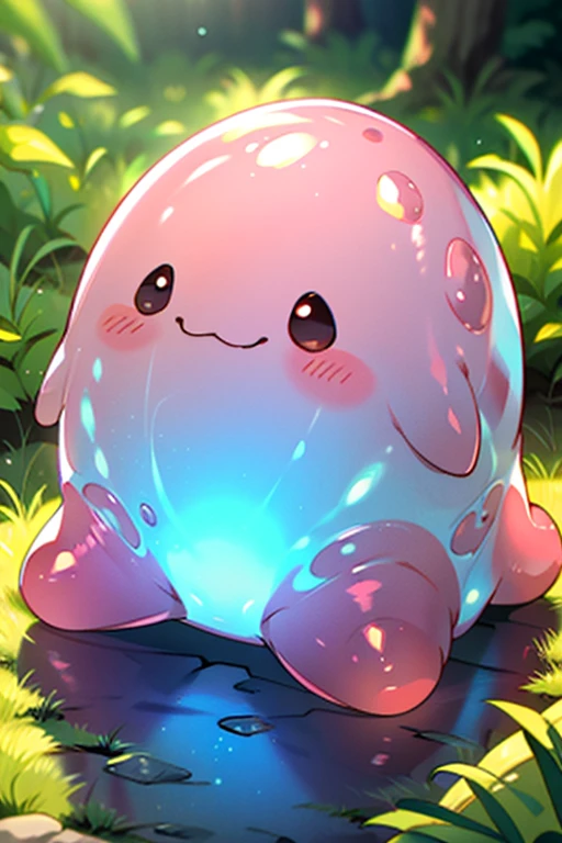 masterpiece, best quality, SFW, (safe for work),Punimon, solo, cute slime creature, pink slime creature, solo,fresh digimon style,slime \(creature\), on the grass, digital world background