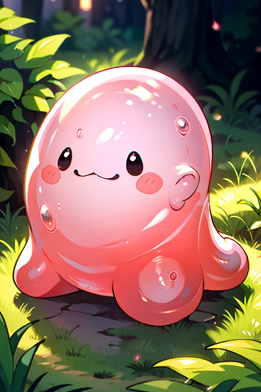 masterpiece, best quality, SFW, (safe for work),Punimon, solo, cute slime creature, pink slime creature, solo,fresh digimon style,slime \(creature\), on the grass, digital world background