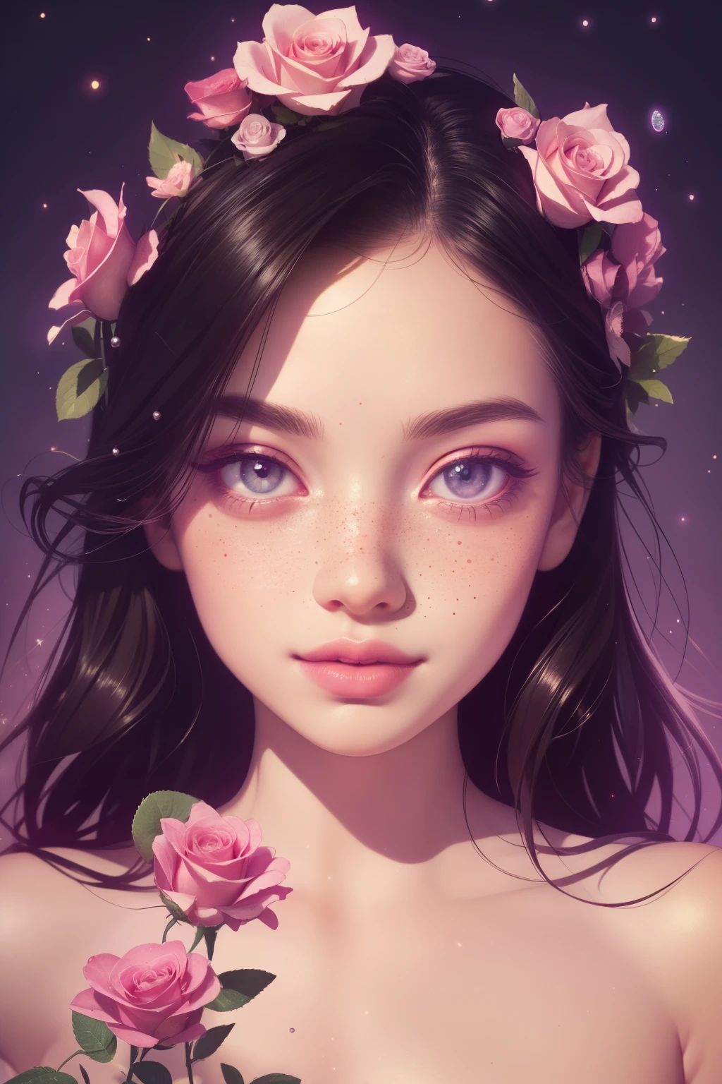 (This is a beautiful, intricate, elegant fantasy image that emphasizes beauty and grace.) Generate a blind curvy woman with milky eyes and soft natural freckles. Her face is important and should be (perfectly formed) with (beautiful puffy lips) and (perfect features). There is a cute freckle birthmark on her lip. The image exudes ethereal beauty and soft fantasy, with shimmering shades of pink throughout. Surround her with eternal roses in shimmering shades. Ensure perfection in her face, hair, and eyes. Include sweet and detailed birds and soft, luminous flowers and detailed roses. Utilize dynamic composition and dramatic lighting and cinematic lighting to create an interesting fantasy image. The background of the image is interesting and ultra-detailed, with soft fantasy lighting and gradients. Include fantasy details, cute aura, colorful, colourful, and interesting magical background. The image's background is decorated in shades of pink, shimmer, glitter, and fantasy details like colored bubbles and cosmos. Include subtle freckles, natural freckles and a diffused realistic skin tone. Incorporate elements of high fantasy, whimsy, and detailed elegance. English rose, princess, courtesan, noblewoman, sweet, lovely, calm, lovely, shimmering, glimmering, glittering, astrological fantasy, (((masterpiece))), (highest quality), magic rose, fantasy garden, beautiful face, perfect face, puffy lips, interesting, shy smile, fantasy elements, magic rose, beautiful eyes, perfect puffy lips, jewel tones, luminosity. Taken with a canon camera.
