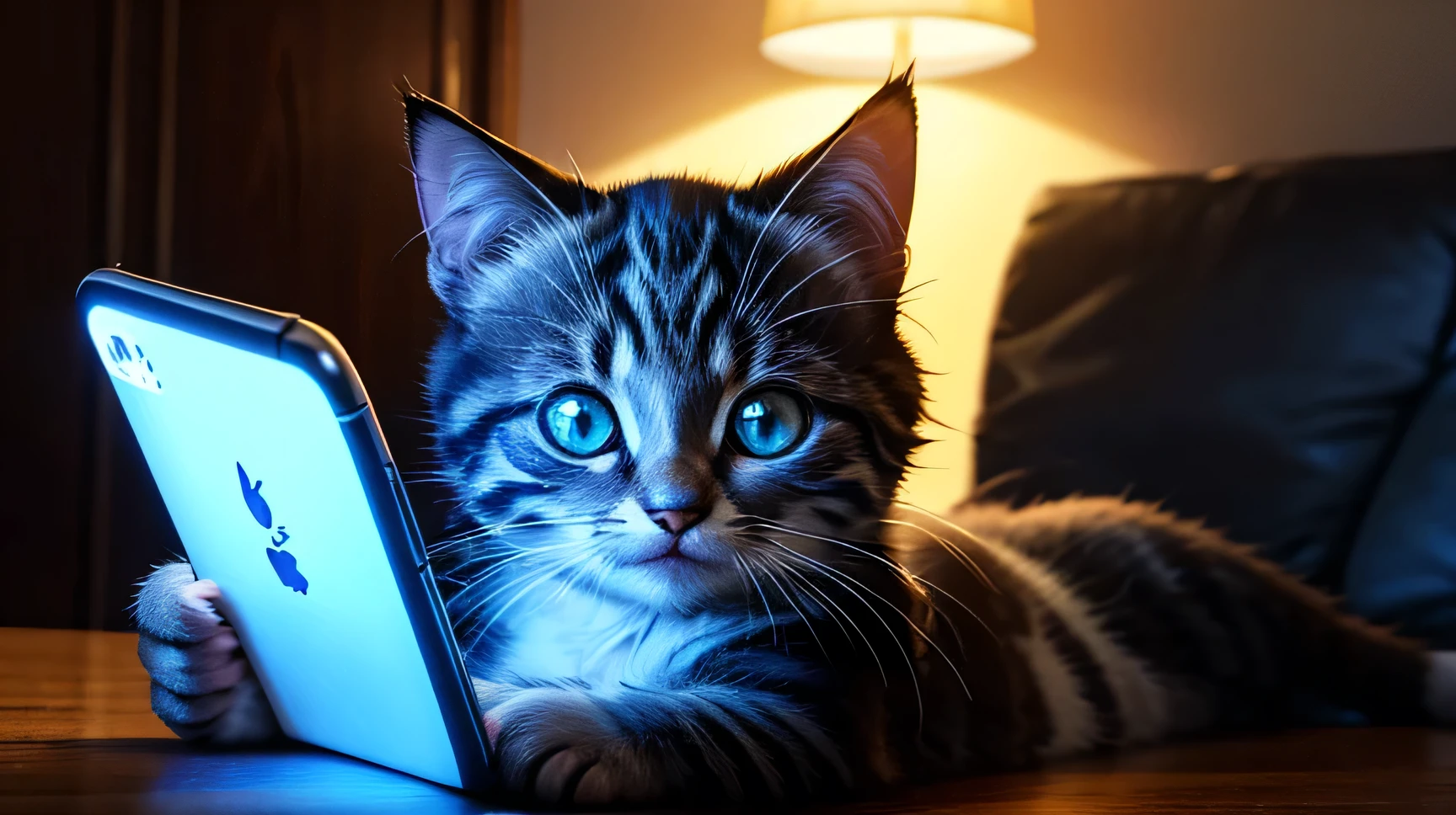 kitten looking at smartphone screen, melhor qualidade, realistic photo, foto com muitos detalhes, foto bem iluminada