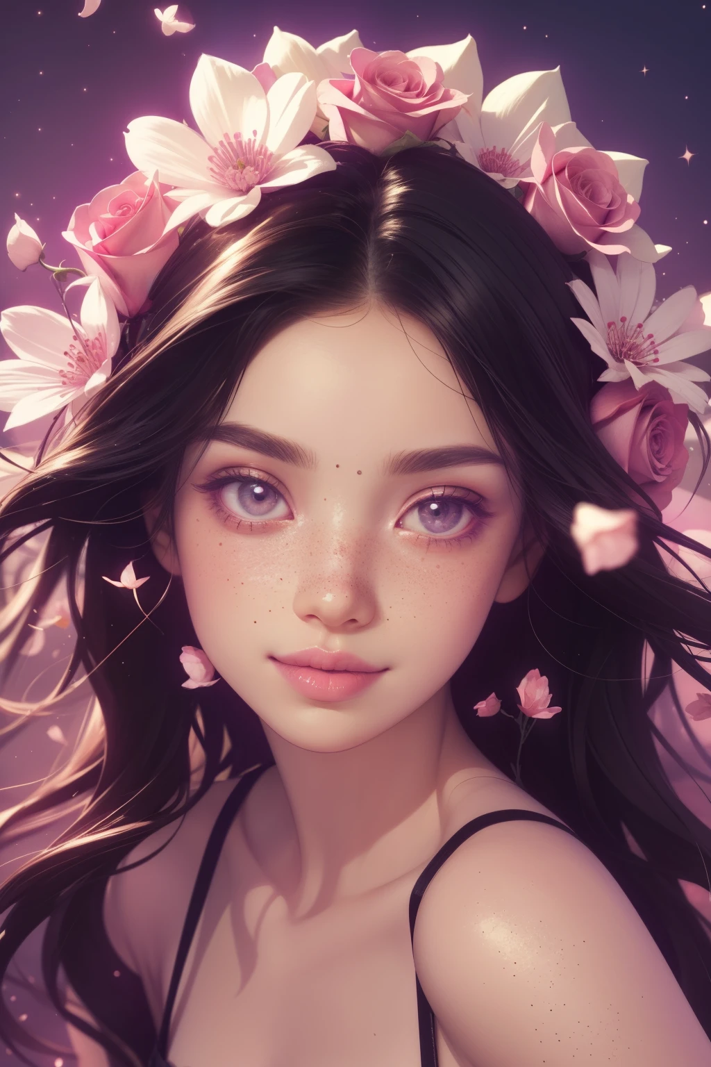 (This is a beautiful, intricate, elegant fantasy image that emphasizes beauty and grace.) Generate a blind curvy woman with milky eyes and soft natural freckles. Her face is important and should be (perfectly formed) with (beautiful puffy lips) and (perfect features). There is a cute freckle birthmark on her lip. The image exudes ethereal beauty and soft fantasy, with shimmering shades of pink throughout. Surround her with eternal roses in shimmering shades. Ensure perfection in her face, hair, and eyes. Include sweet and detailed birds and soft, luminous flowers and detailed roses. Utilize dynamic composition and dramatic lighting and cinematic lighting to create an interesting fantasy image. The background of the image is interesting and ultra-detailed, with soft fantasy lighting and gradients. Include fantasy details, cute aura, colorful, colourful, and interesting magical background. The image's background is decorated in shades of pink, shimmer, glitter, and fantasy details like colored bubbles and cosmos. Include subtle freckles, natural freckles and a diffused realistic skin tone. Incorporate elements of high fantasy, whimsy, and detailed elegance. English rose, princess, courtesan, noblewoman, sweet, lovely, calm, lovely, shimmering, glimmering, glittering, astrological fantasy, (((masterpiece))), (highest quality), magic rose, fantasy garden, beautiful face, perfect face, puffy lips, interesting, shy smile, fantasy elements, magic rose, beautiful eyes, perfect puffy lips, jewel tones, luminosity. Taken with a canon camera.