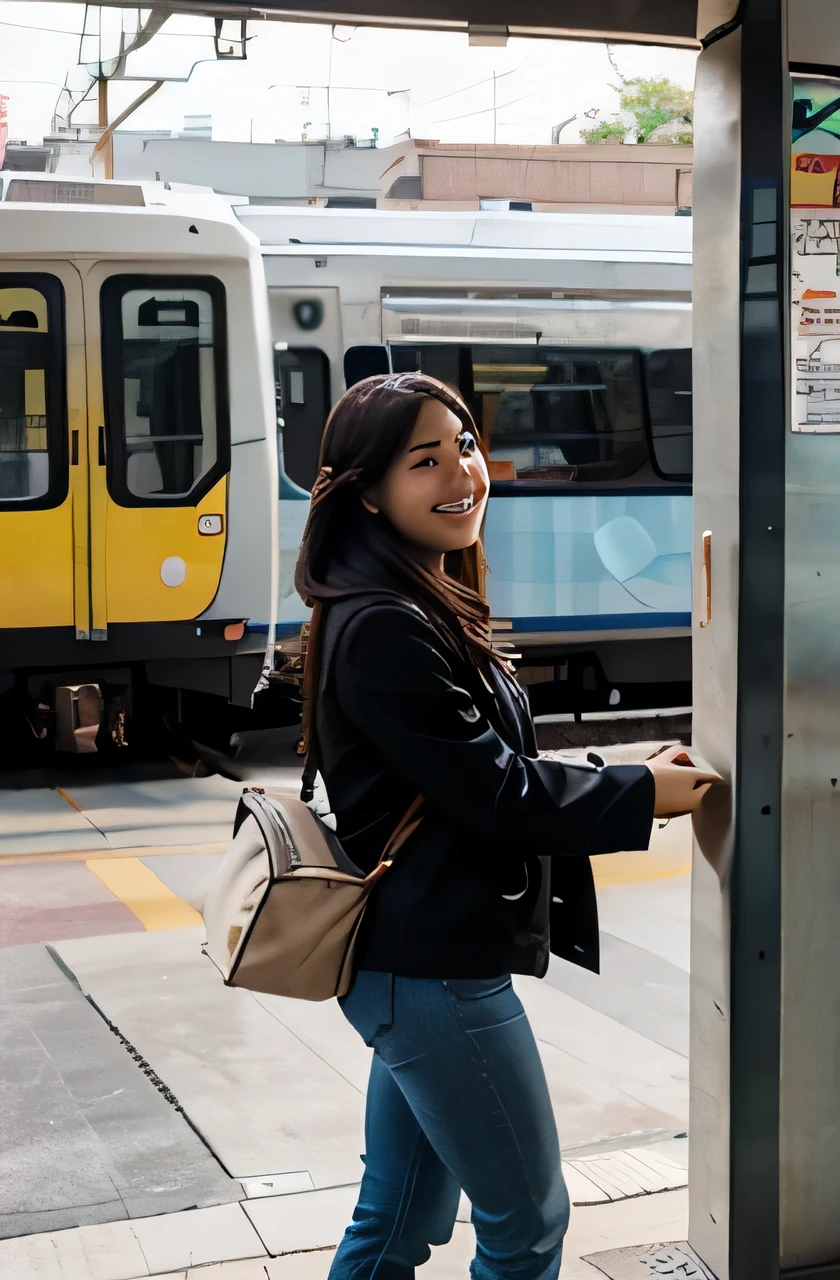 An Asian female college student carries a bag and enters the train at the light rail station. She looks happy and her face is clear.
