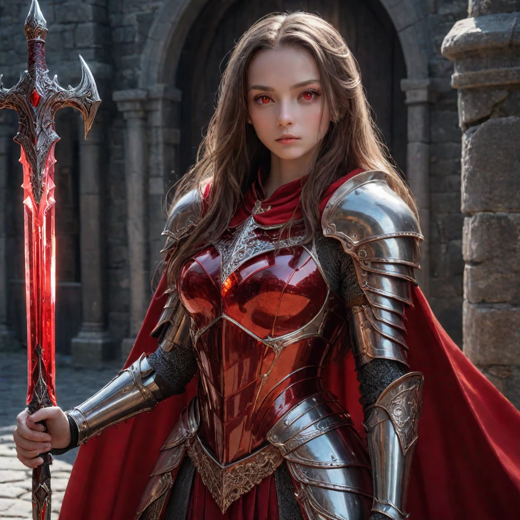 amazing quality,masterpiece,best quality,hyper detailed,ultra detailed,UHD,perfect anatomy,perfect body,(in castle:1.2),beautiful girl knight in red cape armor and detailed red glowing eyes holding oversized red crystal greatsword with thick edge,dazzling,transparent,polishing,aura,various hair style,very long hair,extremely detailed,thin,various positions,